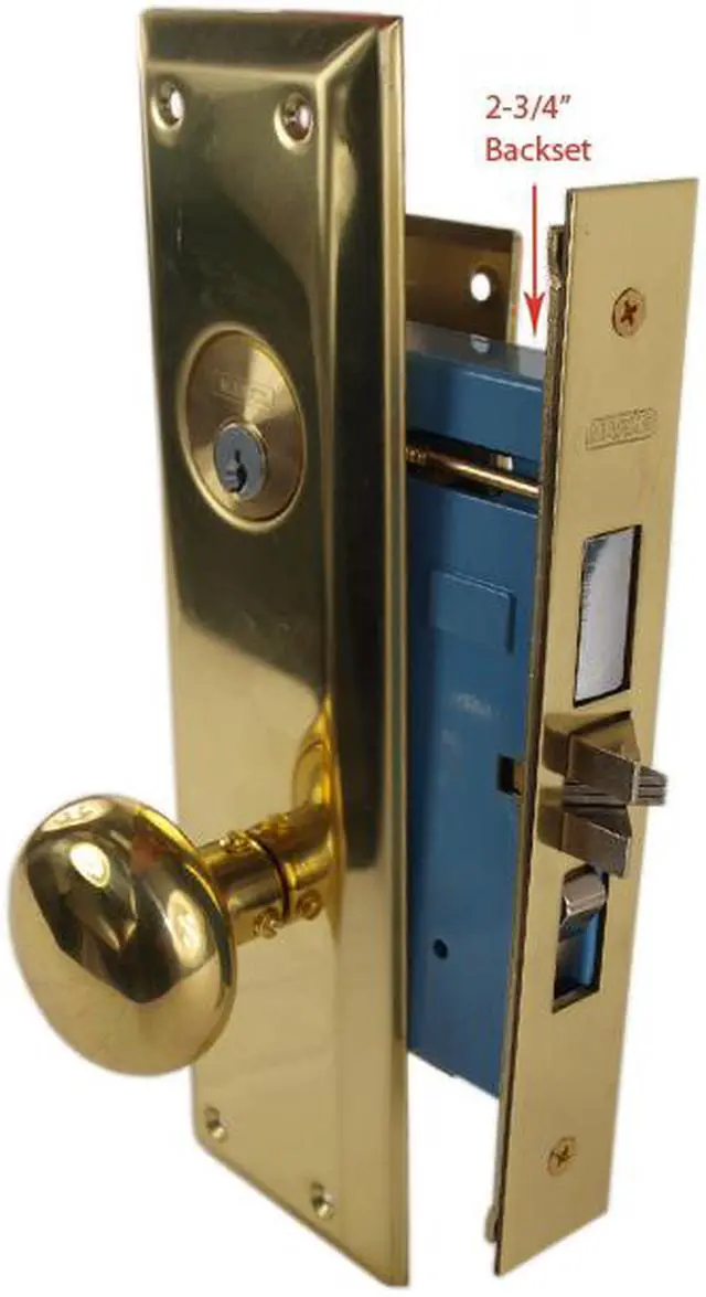 Main image of Marks Metro 71A/3, Polished Brass US3 Left Hand Mortise Entry Lockset Surface Mounted - Screw On Knobs with Swivel Spindle, 2-3/4" Backset, 1-1/4" x 8" Wide Faceplate, Lock Set