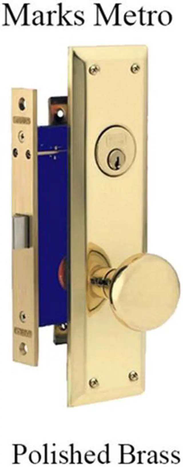 Alt view image 2 of 7 - Marks Metro 91DW/3, Polished Brass Right Hand Mortise Lock Knob Vestibule Function Always Locked Storeroom Latch Only Lockset, Surface Mounted Screw-on Knobs Lock Set