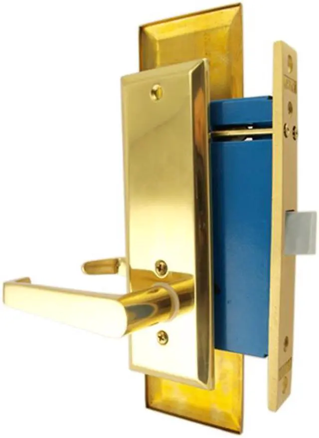 Alt view image 2 of 2 - Maxtech (Like Marks Metro 116DW/3-X) Polished Brass Wide Face Plate Right Hand Heavy Duty Mortise Lock Lever Always Locked Storeroom Latch Only 2-1/2" Lock Set Screwless Lever Thru Bolted Lockset