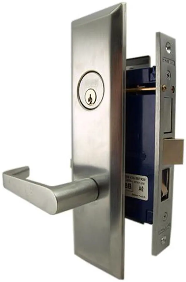 Alt view image 2 of 4 - Marks Metro 116A/26D, Satin Chrome Left Hand Entrance Angled Lever Escutcheon Plate Mortise Entry Lockset, Screwless Angled Lever Thru-Bolted Lock Set