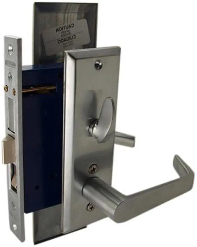 Alt view image 3 of 4 - Marks Metro 116A/26D, Satin Chrome Left Hand Entrance Angled Lever Escutcheon Plate Mortise Entry Lockset, Screwless Angled Lever Thru-Bolted Lock Set