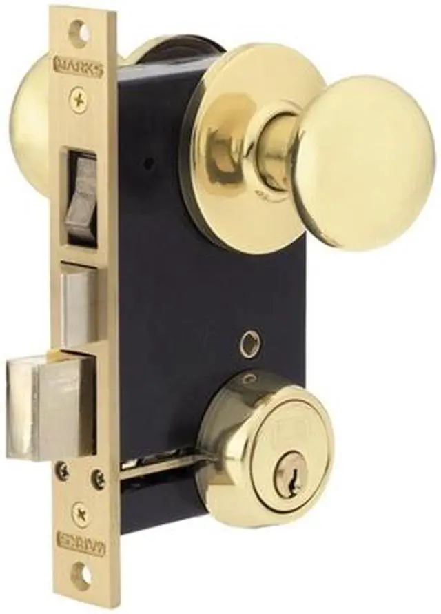 Alt view image 3 of 6 - Marks 22F/3-W-LH Polished Brass US3 F Function Left Hand Single Cylinder Ornamental Iron Knob Rose Mortise Panic Proof Dormitory Lockset With Thumb Turn