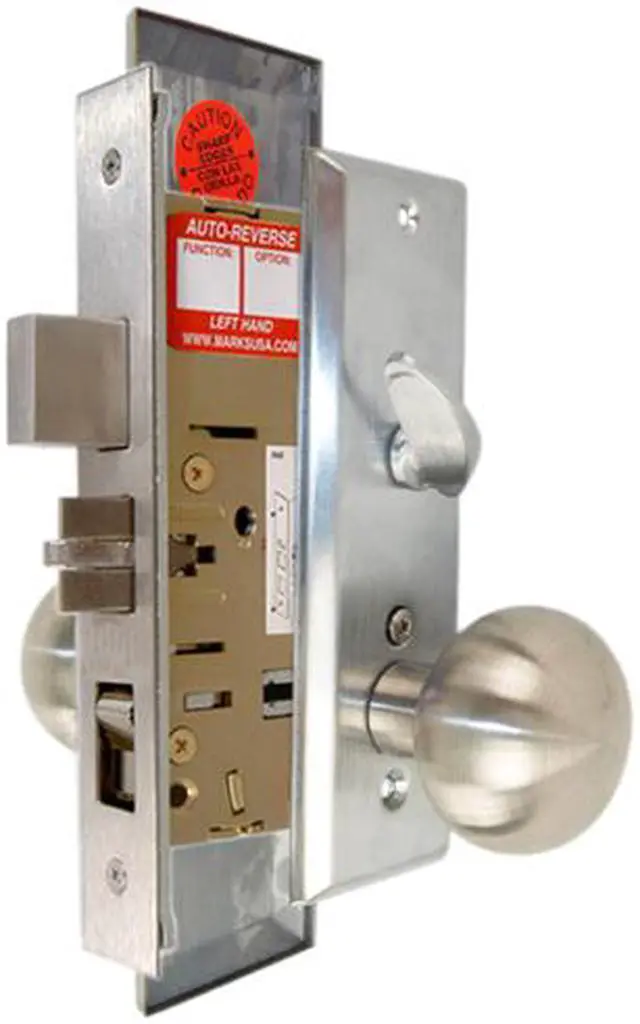Alt view image 2 of 3 - Marks Steel Body Grade 1 5NY10A/26D New Yorker Series, Satin Chrome 26D Left Hand Entrance Mortise Lock Set, Screwless Knobs Thru-Bolted Lockset
