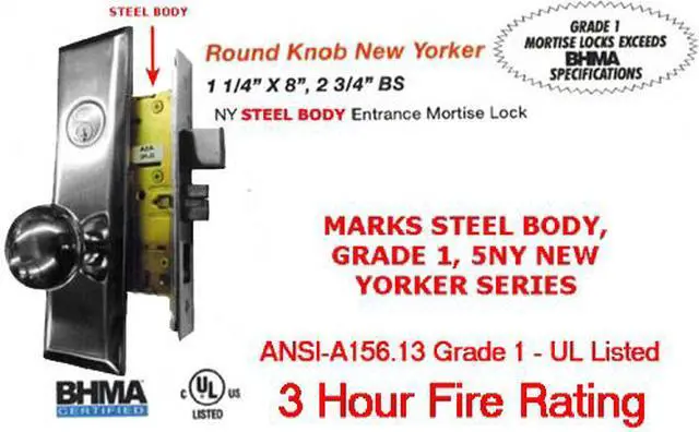 Alt view image 3 of 3 - Marks Steel Body Grade 1 5NY10A/26D New Yorker Series, Satin Chrome 26D Left Hand Entrance Mortise Lock Set, Screwless Knobs Thru-Bolted Lockset