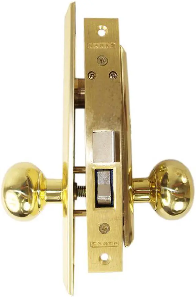 Alt view image 2 of 3 - Marks New Yorker 9NY10D/3, Polished Brass Left Hand Mortise Lock Knob, Office Vestibule, Classroom, Latch and Rocker (No Bolt) Lockset, Screwless Knobs Thru Bolted Lock Set