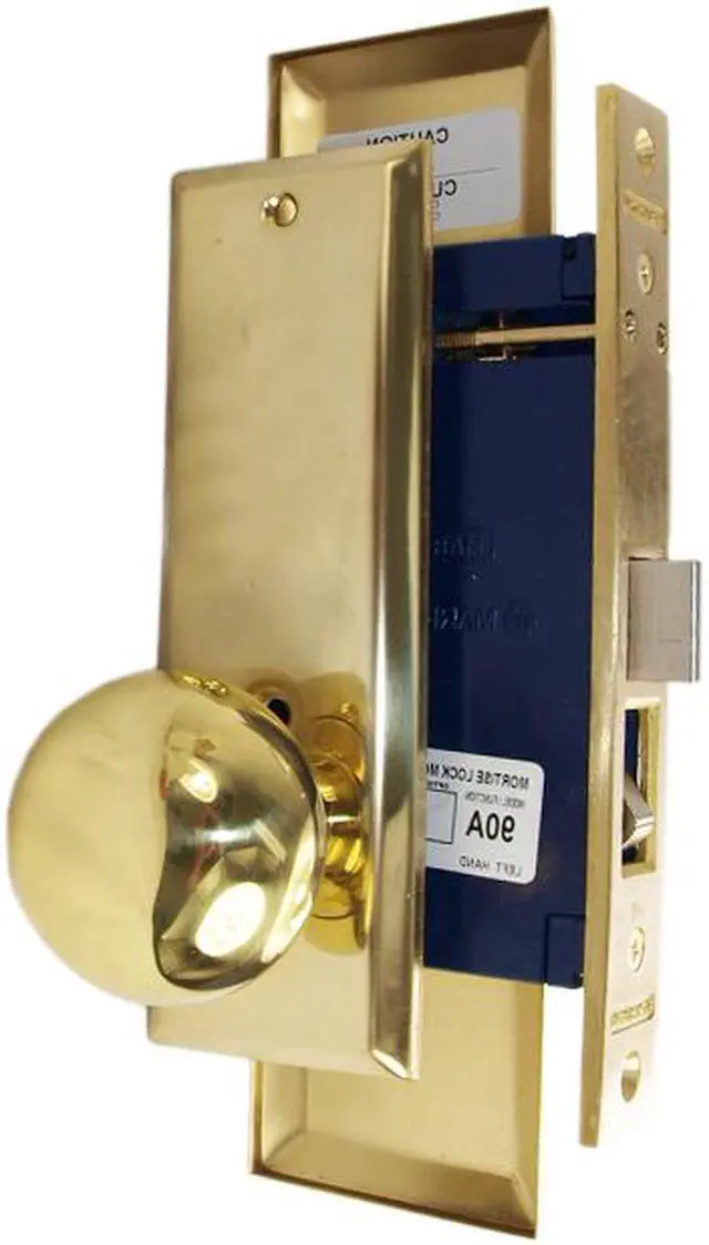 Alt view image 3 of 3 - Marks New Yorker 9NY10D/3, Polished Brass Right Hand Mortise Lock Knob, Office Vestibule, Classroom, Latch and Rocker (No Bolt) Lockset, Screwless Knobs Thru Bolted Lock Set