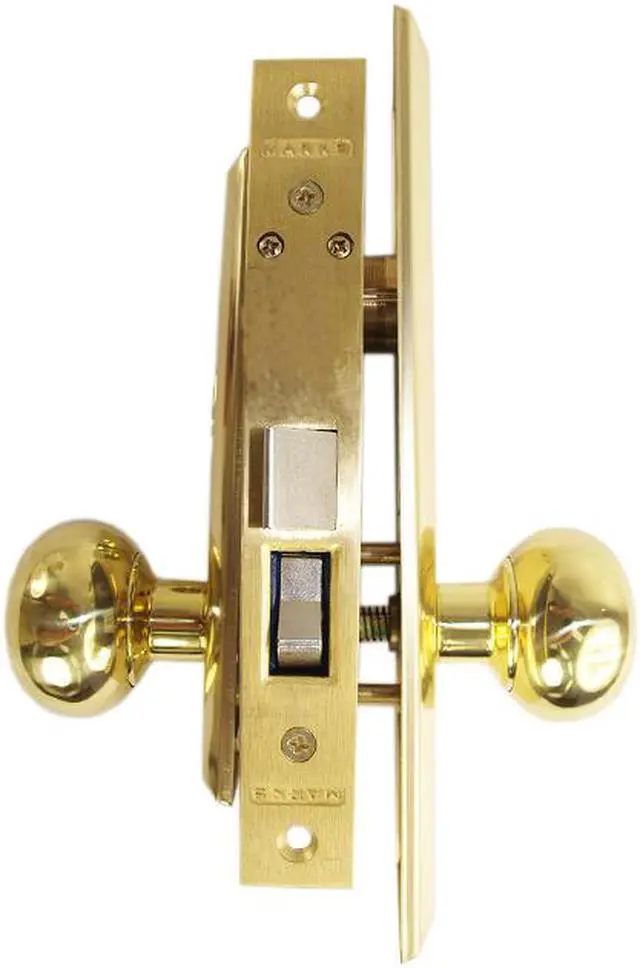 Alt view image 2 of 3 - Marks New Yorker 9NY10D/3, Polished Brass Right Hand Mortise Lock Knob, Office Vestibule, Classroom, Latch and Rocker (No Bolt) Lockset, Screwless Knobs Thru Bolted Lock Set