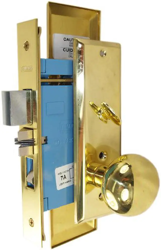 Alt view image 3 of 4 - Marks New Yorker 7NY10A/3, Polished Brass Left Hand Mortise Entry Lock Set, Screwless Knobs Thru-Bolted Lockset