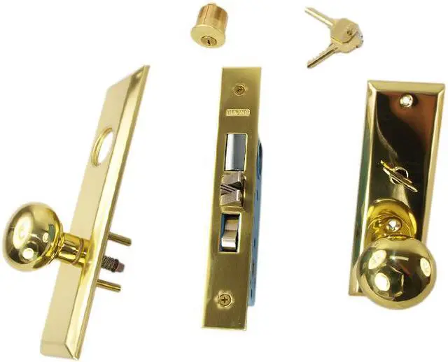 Alt view image 4 of 4 - Marks New Yorker 7NY10A/3, Polished Brass Left Hand Mortise Entry Lock Set, Screwless Knobs Thru-Bolted Lockset