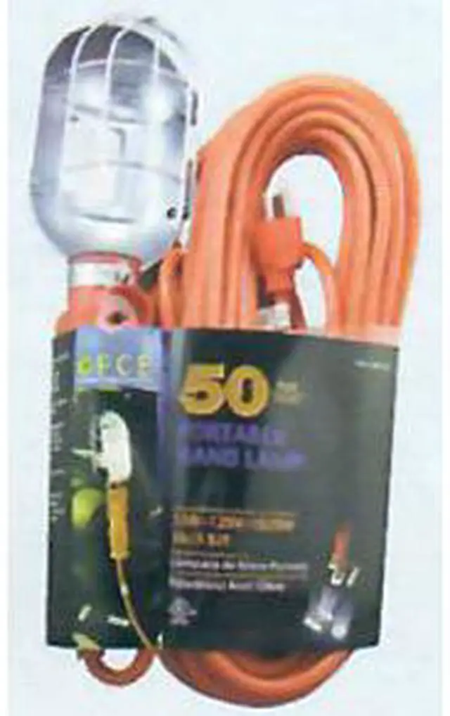 Main image of PCC Power Cords & Cables PCC-36750 50' Incandescent Trouble Work Light Portable Hand Drop Light 16/3 SJTW Cord 10A 125V Grounded Side Outlet Metal Cage Bulb Guard
