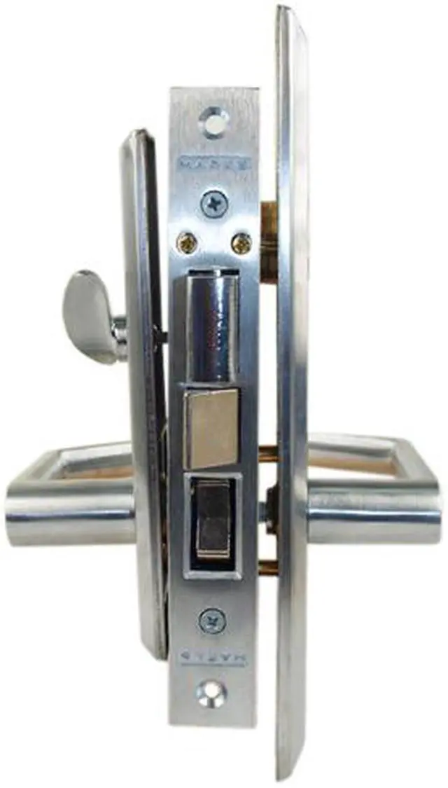 Alt view image 2 of 4 - Marks Metro 116A/26D, Satin Chrome Right Hand Entrance Angled Lever Escutcheon Plate Mortise Entry Lockset, Screwless Angled Lever Thru-Bolted Lock Set