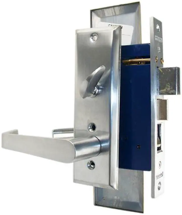 Alt view image 3 of 4 - Marks Metro 116A/26D, Satin Chrome Right Hand Entrance Angled Lever Escutcheon Plate Mortise Entry Lockset, Screwless Angled Lever Thru-Bolted Lock Set