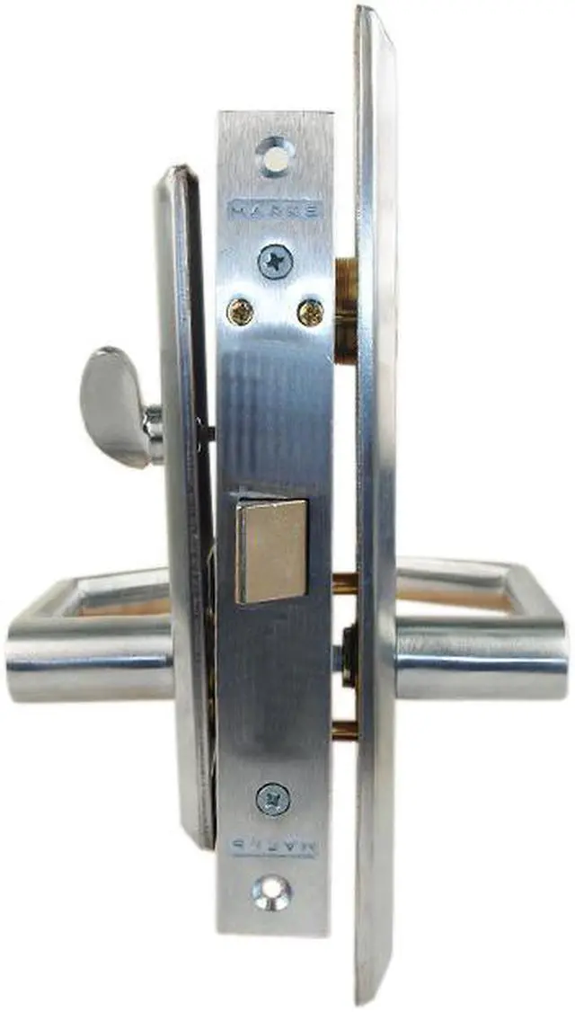 Alt view image 2 of 3 - Marks Metro 116DW/26D, Satin Chrome Right Hand Mortise Lock Angled Lever Escutcheon Plate Vestibule Function Latch Only 2-1/2" Lock Set, Screwless Angled Lever Thru Bolted Lockset