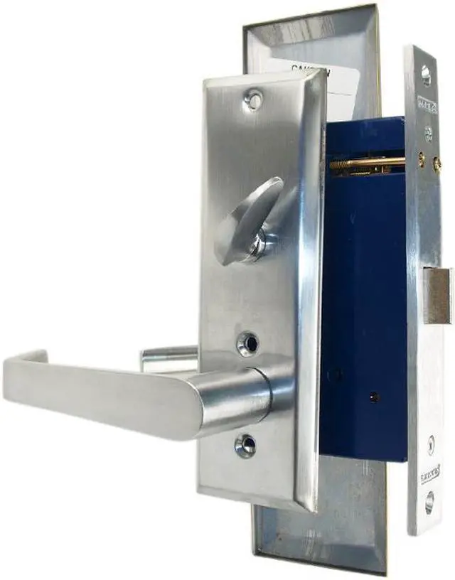 Alt view image 3 of 3 - Marks Metro 116DW/26D, Satin Chrome Right Hand Mortise Lock Angled Lever Escutcheon Plate Vestibule Function Latch Only 2-1/2" Lock Set, Screwless Angled Lever Thru Bolted Lockset