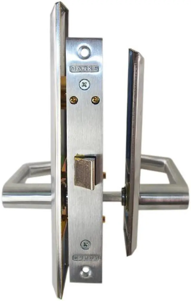 Alt view image 2 of 3 - Marks Metro 116DW/26D Satin Chrome Left Hand Mortise Lock Angled Lever Escutcheon Plate Vestibule Function Latch Only 2-1/2" Lock Set, Screwless Angled Lever Thru Bolted Lockset
