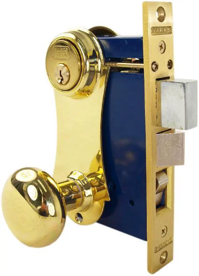 Alt view image 3 of 4 - Marks 21AC/3-W-RHR Polished Brass US3 Right Hand Reverse (Out-Swinging Door) Ornamental Unilock Knob/Plate Mortise Entry Lockset Iron Gate Door Double Cylinder Lock Set