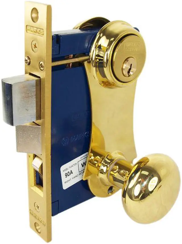 Alt view image 3 of 4 - Marks 21AC/3-W-LHR Polished Brass US3 Left Hand Reverse (Out-Swinging Door) Ornamental Unilock Knob/Plate Mortise Entry Lockset Iron Gate Door Double Cylinder Lock Set