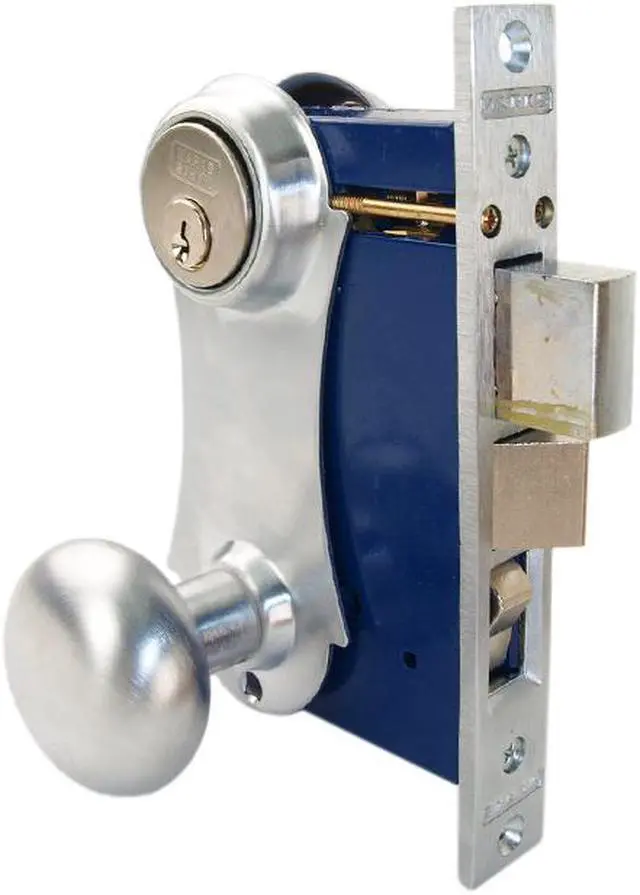 Alt view image 3 of 3 - Marks 21AC/26D-W-RHR Satin Chrome Right Hand Reverse (Out-Swinging Door) Ornamental Unilock Knob/Plate Mortise Entry Lockset Iron Gate Door Double Cylinder Lock Set