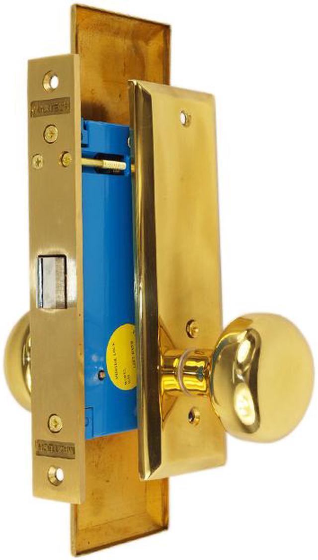 Alt view image 3 of 4 - Maxtech (Like Marks 114DW) Polished Brass Left Hand Heavy Duty Mortise Lock Knob Vestibule Function Always Locked Storeroom Latch Only Lockset, Screwless Knobs Thru Bolted Lock Set
