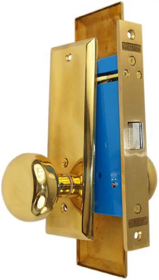 Alt view image 3 of 4 - Maxtech (Like Marks 114DW) Polished Brass Right Hand Heavy Duty Mortise Lock Knob Vestibule Function Always Locked Storeroom Latch Only Lockset, Screwless Knobs Thru Bolted Lock Set