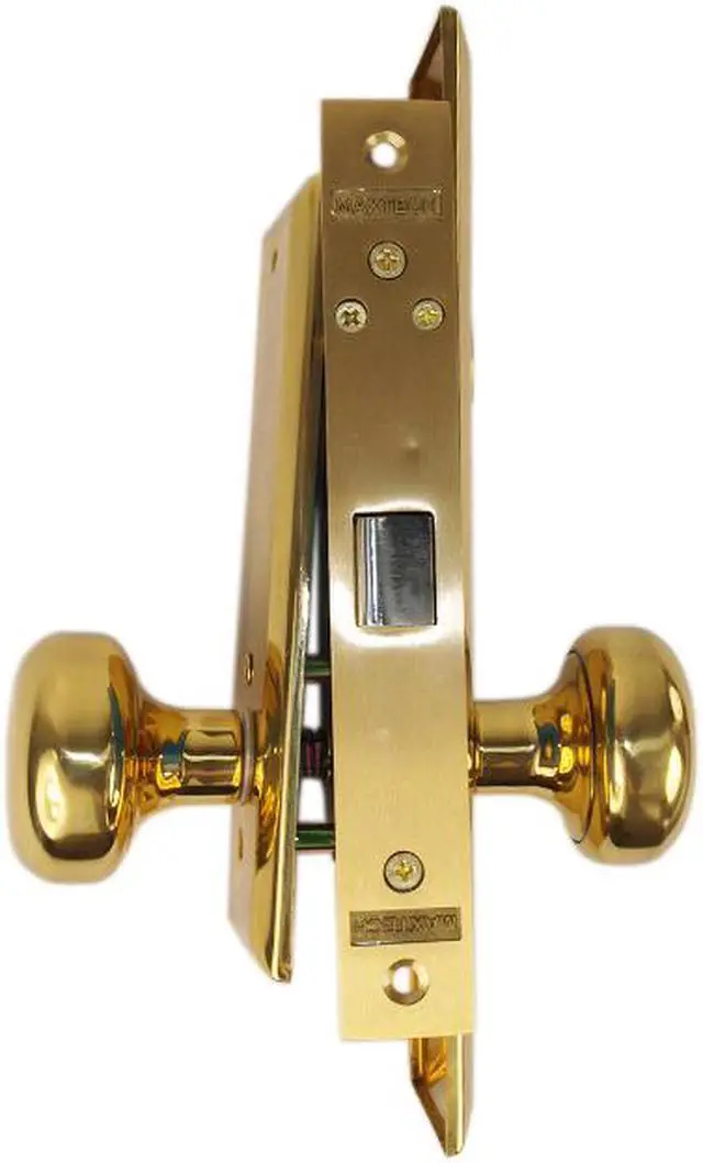 Alt view image 2 of 4 - Maxtech (Like Marks 114DW) Polished Brass Right Hand Heavy Duty Mortise Lock Knob Vestibule Function Always Locked Storeroom Latch Only Lockset, Screwless Knobs Thru Bolted Lock Set
