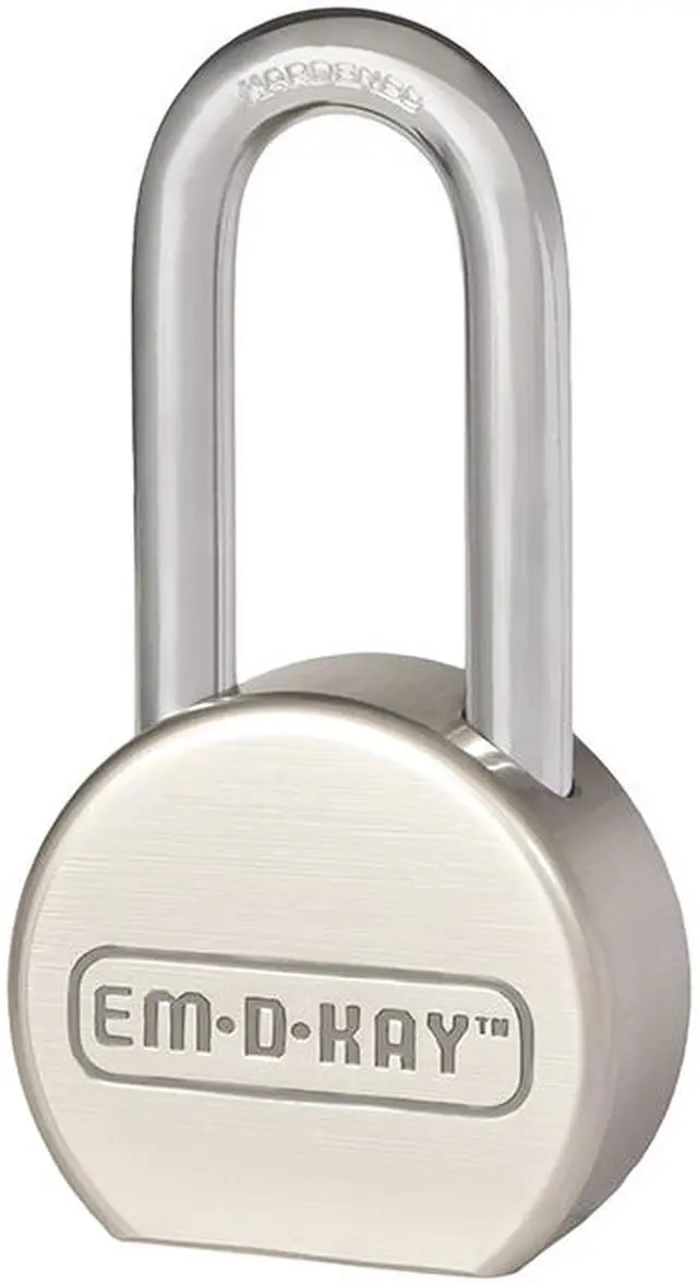 Main image of EM-D-KAY (Like American Lock 701) 910 Satin Nickel Finish Solid Steel 2-1/2" Wide Hardened Steel Body Long Boron Shackle Padlock With 2" Verticle Shackle Clearance