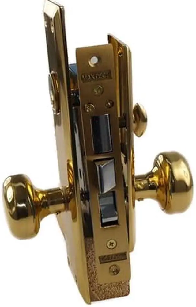 Alt view image 2 of 3 - Maxtech (Like Marks 91A/3) 1033AL Polished Brass Left Hand Heavy Duty Mortise Entry Lockset, Surface Mounted Screw-on Knobs Lock Set