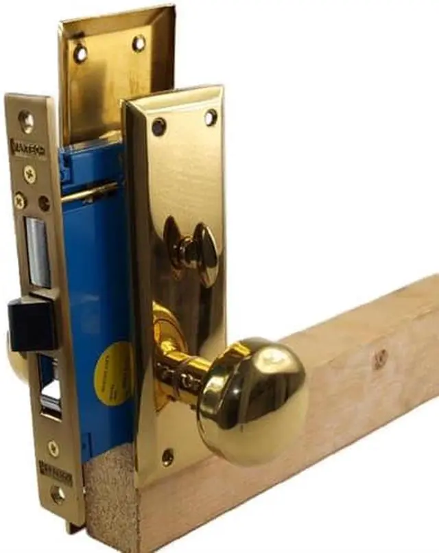 Alt view image 3 of 3 - Maxtech (Like Marks 91A/3) 1033AL Polished Brass Left Hand Heavy Duty Mortise Entry Lockset, Surface Mounted Screw-on Knobs Lock Set