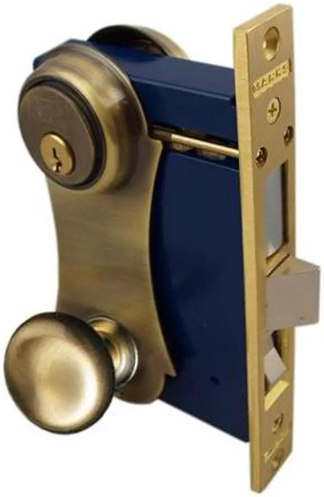 Main image of Marks 21AC/5-W-RHR Antique Brass US5 Right Hand Reverse Ornamental Unilock Knob/Plate Mortise Entry Lockset Iron Gate Door Double Cylinder Lock Set