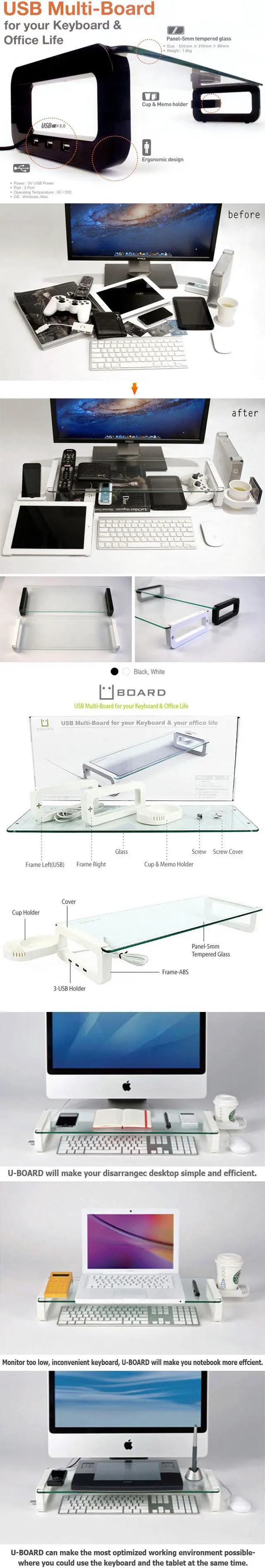 Alt view image 4 of 6 - UBOARD SMART - Tempered Glass Monitor Stand Shelf USB Multiboard for your iMac and iPhone (Built-in 3 Port USB 2.0 Hub) - Black Color