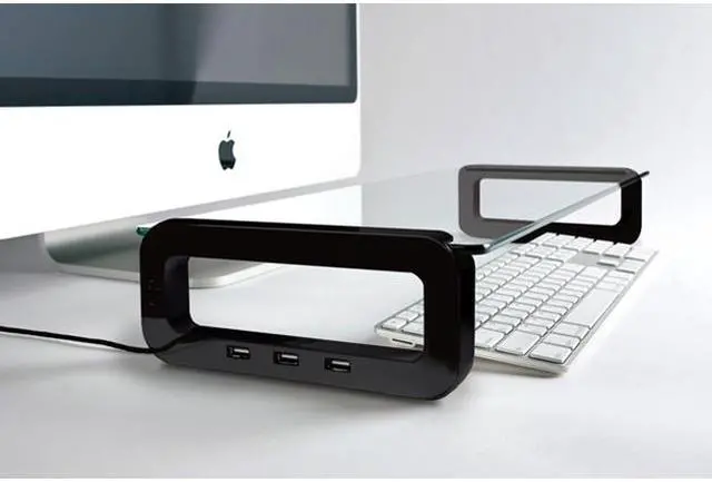 Alt view image 2 of 6 - UBOARD SMART - Tempered Glass Monitor Stand Shelf USB Multiboard for your iMac and iPhone (Built-in 3 Port USB 2.0 Hub) - Black Color