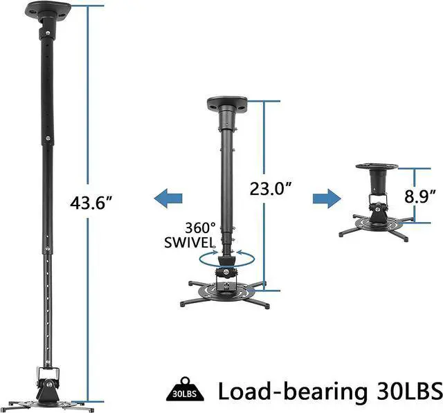 Alt view image 4 of 7 - Full Motion Universal Ceiling Projector Mount Bracket with Adjustable Height and Extendable Arms Rotating Swivel Mount for Home and Office Projector (Black)