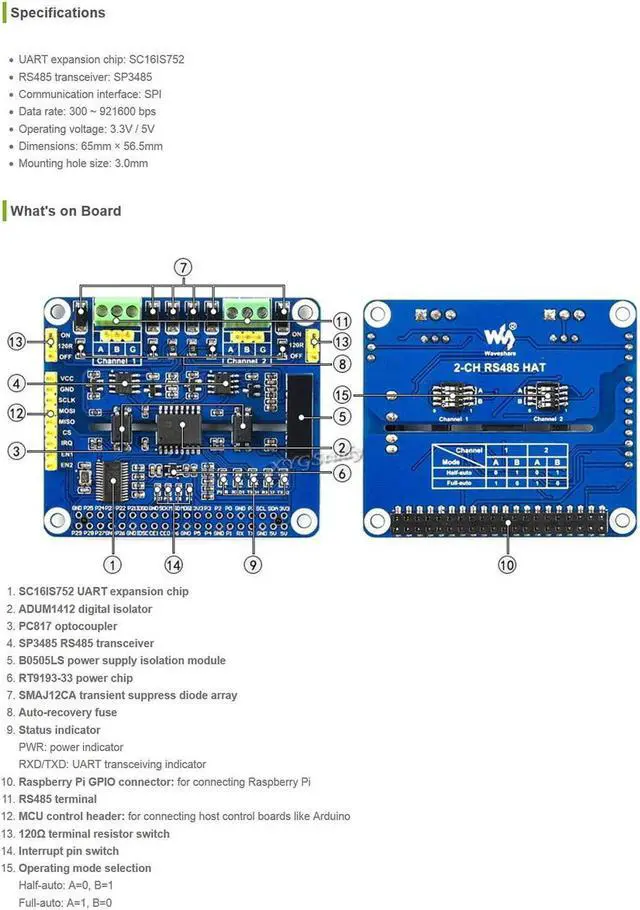 Alt view image 3 of 7 - XYGStudy 2-Channel Isolated RS485 Expansion HAT for Raspberry Pi SPI to RS485 Interface SP3485 UART SC16IS752+SP3485 Solution with Multi Onboard Protection Circuits ADI Magnetical TVS Diode