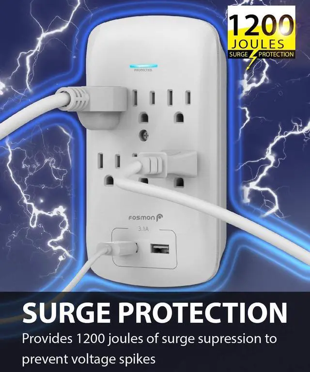 Alt view image 2 of 7 - Fosmon 6 Outlet Surge Protector 1200 Joules with 2 USB Ports Charger (3.1A), Multi Plug Outlet Extender 1875 Watt, 3-Prong Grounded Wall Tap Adapter (2 Pack)