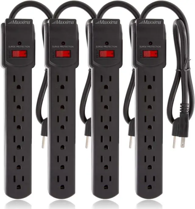 Main image of Maxxima 4-Pack 6 Outlet Power Strip Surge Protector - 300 Joules, Features Red On/Off Switch, Powers Multiple Electronics and Devices Simultaneously, Perfect for Home Appliances - Black