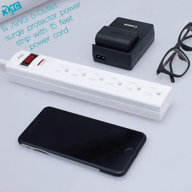 Alt view image 5 of 7 - KMC 6-Outlet Surge Protector Power Strip with 15-Foot Cord, 1200 Joule, Overload Protection