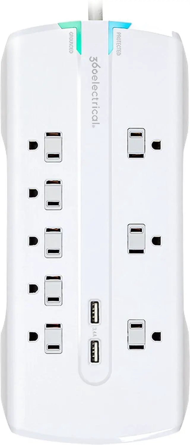 Main image of 360 Electrical 360550 Visionary3.4 Surge Protector with 8 Outlets, Combo Data, Dual 3.4 Amp/17 Watt USB Charging, White