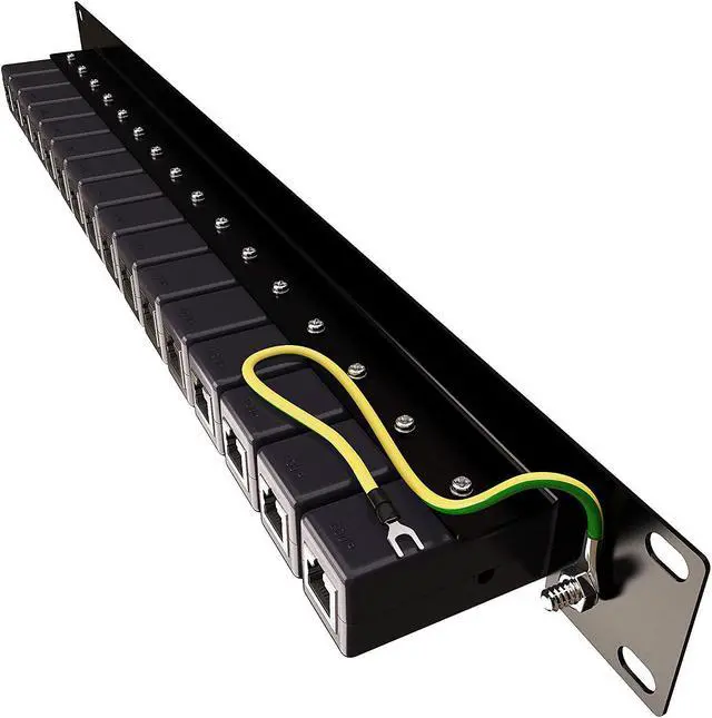 Alt view image 2 of 6 - Ethernet Surge Protector 19" RackMount (16 Port) PoE+ Gigabit (Server Rack Mount 1U) -Gas Discharge Tube -RJ45 Lightning Suppressor -LAN Network CAT5/CAT6 Thunder Arrestor GbE 1000 Mbps - TP316