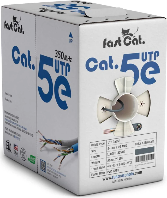 Main image of fast Cat. Cat5e Ethernet Cable 1000ft - 24 AWG, CMR, Insulated Bare Copper Wire PoE+ Cat 5e Ethernet Cable with FastReel - 350MHZ / Gigabit Speed UTP Cable Cat5e - CMR (Gray)