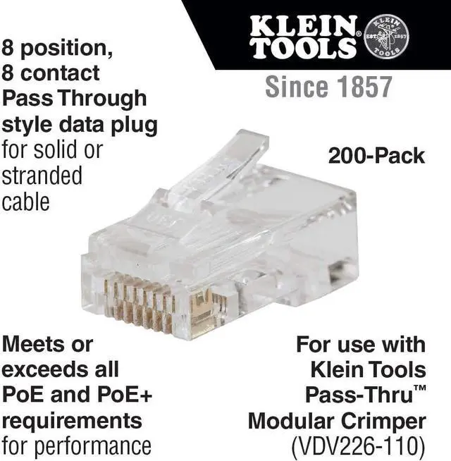 Alt view image 2 of 7 - Klein Tools VDV826-763 Pass-Thru Modular Data Plug, RJ45 CAT6, Gold Plated, Pass Through Connectors 200-Pack
