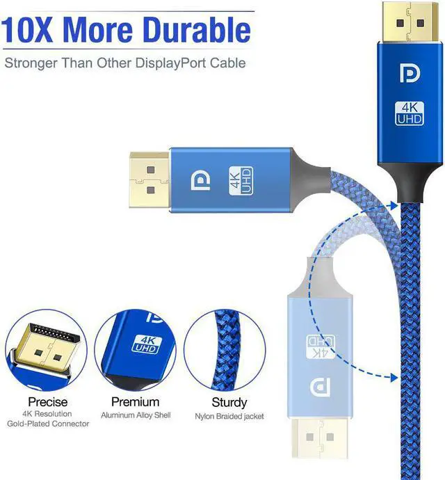 Alt view image 3 of 7 - DisplayPort Cable 4K DP Cable Nylon Braided -(4K@60Hz 2K@144Hz) Display Port Cable Ultra High Speed DisplayPort to DisplayPort Cable 6.6ft for Laptop PC TV etc- Gaming Monitor Cable(Blue)