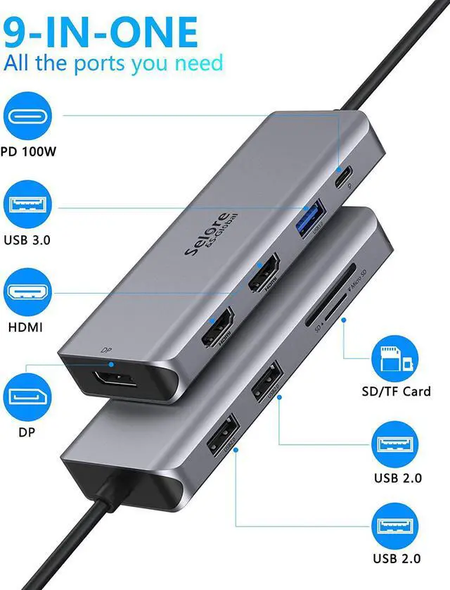 Alt view image 2 of 6 - USB C Docking Station Dual Monitor, 9 in 1 USB C Triple Display Docking Station to Dual HDMI Adapter Displayport SD TF Card Reader 2USB 2.0, 1 USB 3.0, 100W PD for USB C Thunderbolt 3 Laptops