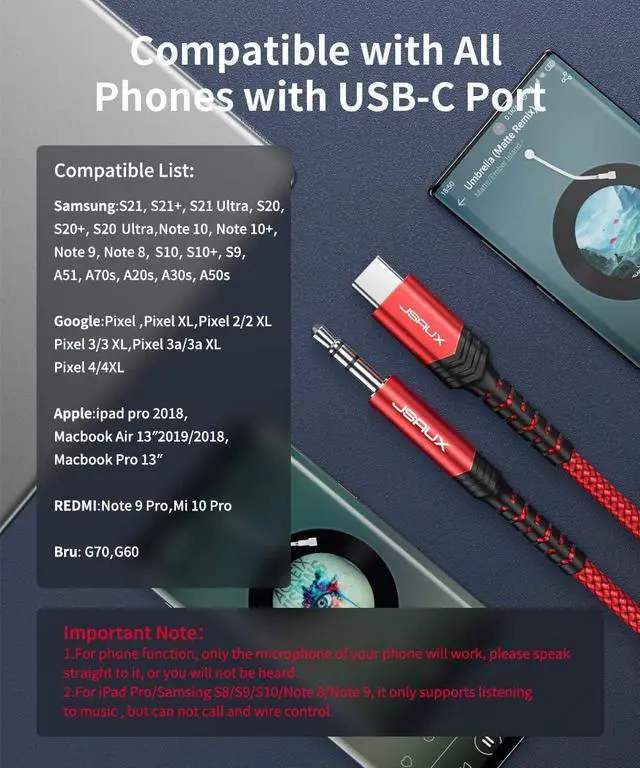 Alt view image 7 of 7 - USB C to 3.5mm Audio Aux Jack Cable[3.3ft] USB Type C to 3.5mm Headphone Stereo Cord Car Compatible with iPad Pro 2018 Google Pixel 2 3 XL Samsung Galaxy S21 S20 Ultra Note 20 10 Plus-Red