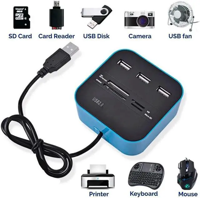 Alt view image 2 of 5 - All-in-One Combo Multi-Function USB2.0 Card Reader Hub with Hub Splitter High Speed USB2.0 Hub 3 Port with Card Reader Hub (Color : Black) (Blue)