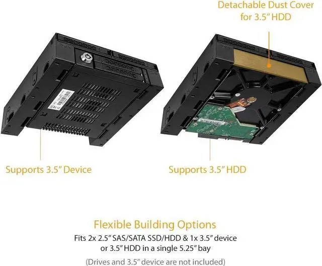 Alt view image 6 of 7 - 2 Bay 2.5 SAS/SATA HDD/SSD Mobile Rack + 3.5" Slot for External 5.25" Bay | ExpressCage MB322SP-B