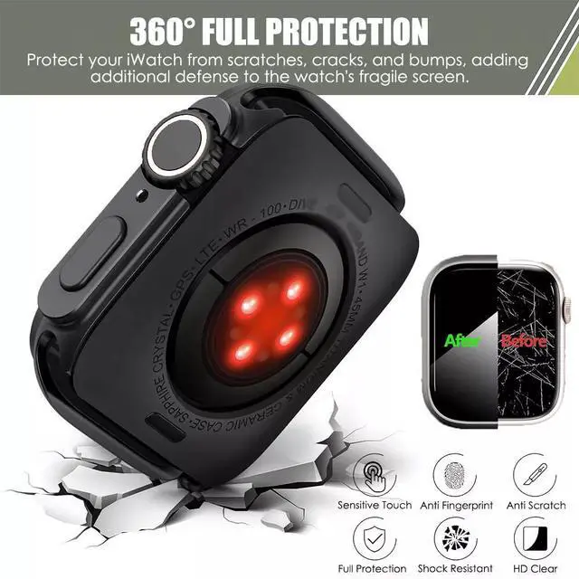 Alt view image 3 of 7 - Ultra Look Half Cover Case, Screen Protector for Apple Watch Series 9/8/7 45mm, Series SE2/SE/6/5/4 44mm, Tempered Glass, Perfect Protection Anti Scratch 45mm Black