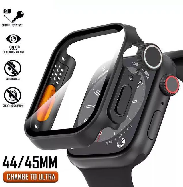 Main image of Ultra Look Half Cover Case, Screen Protector for Apple Watch Series 9/8/7 45mm, Series SE2/SE/6/5/4 44mm, Tempered Glass, Perfect Protection Anti Scratch 45mm Black