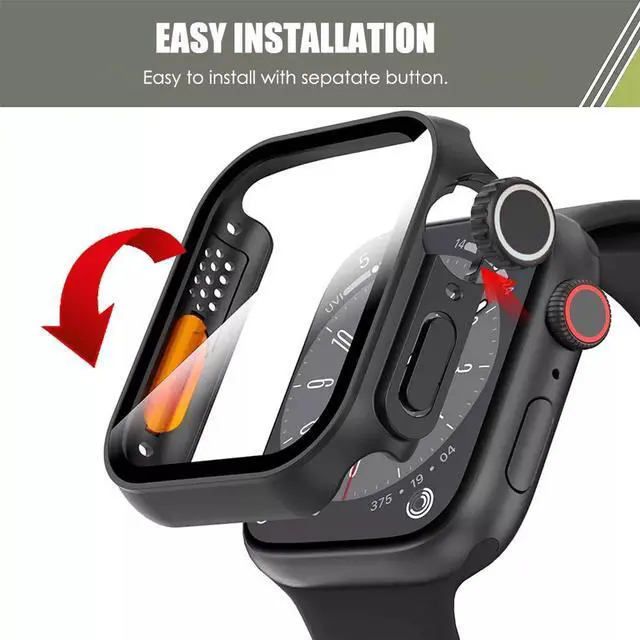 Alt view image 6 of 7 - Ultra Look Half Cover Case, Screen Protector for Apple Watch Series 9/8/7 45mm, Series SE2/SE/6/5/4 44mm, Tempered Glass, Perfect Protection Anti Scratch 45mm Black