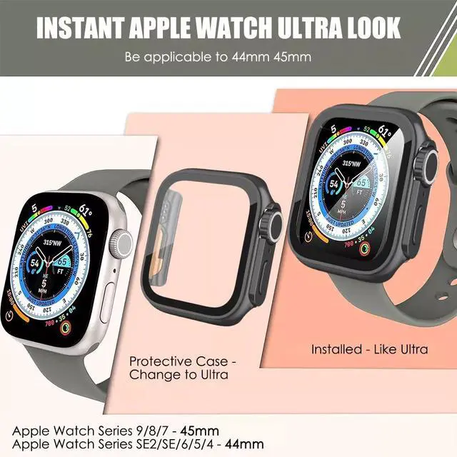 Alt view image 2 of 7 - Ultra Look Half Cover Case, Screen Protector for Apple Watch Series 9/8/7 45mm, Series SE2/SE/6/5/4 44mm, Tempered Glass, Perfect Protection Anti Scratch 45mm Black