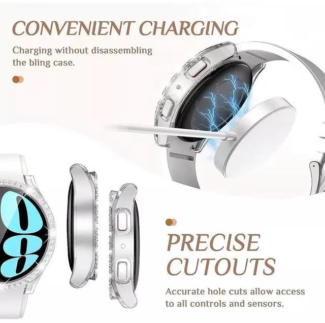 Alt view image 6 of 7 - Screen Protector Case for Samsung Galaxy Watch 6 40mm/44mm, Bling Cover, Tempered Glass, Perfect Protection Anti Scratch 44mm Black